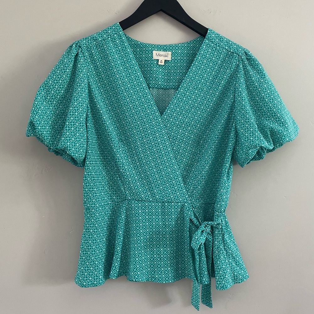 meraki Teal Geometric Wrap Top